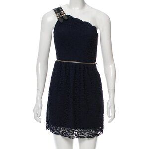 THE KOOPLES Lace and Zipper One Shoulder Mini Dress, Navy & Black, Sz S